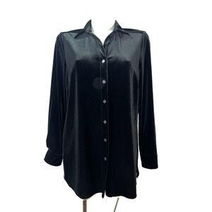 Foxcroft Womens Size 10 Black Velvet Velour Pleated Back Relaxed Button Up Shirt